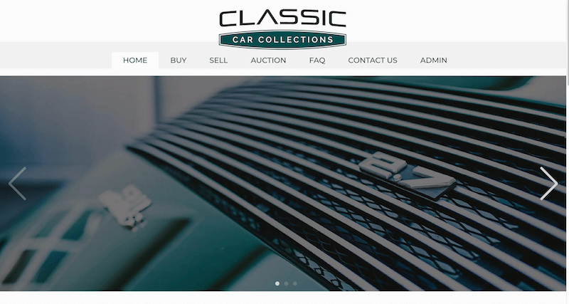 The homepage of Classic Car Collections, showing a menu bar and a large hero image of a green Porsche