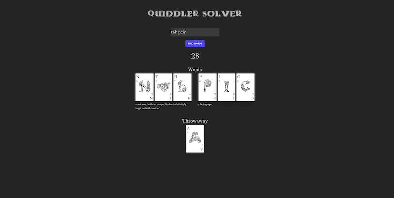 The homepage of Quiddler Solver, showing an example of the highest score for a 7 card hand